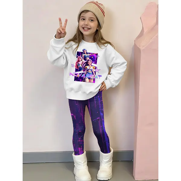 Sparklyn 2pcs/Set Tween Girl KPOP Graphic Print Top, Girls Crew Neck Sweatshirt And Leggings Set, Fashionable Casual, Suitable For Autumn/Winter