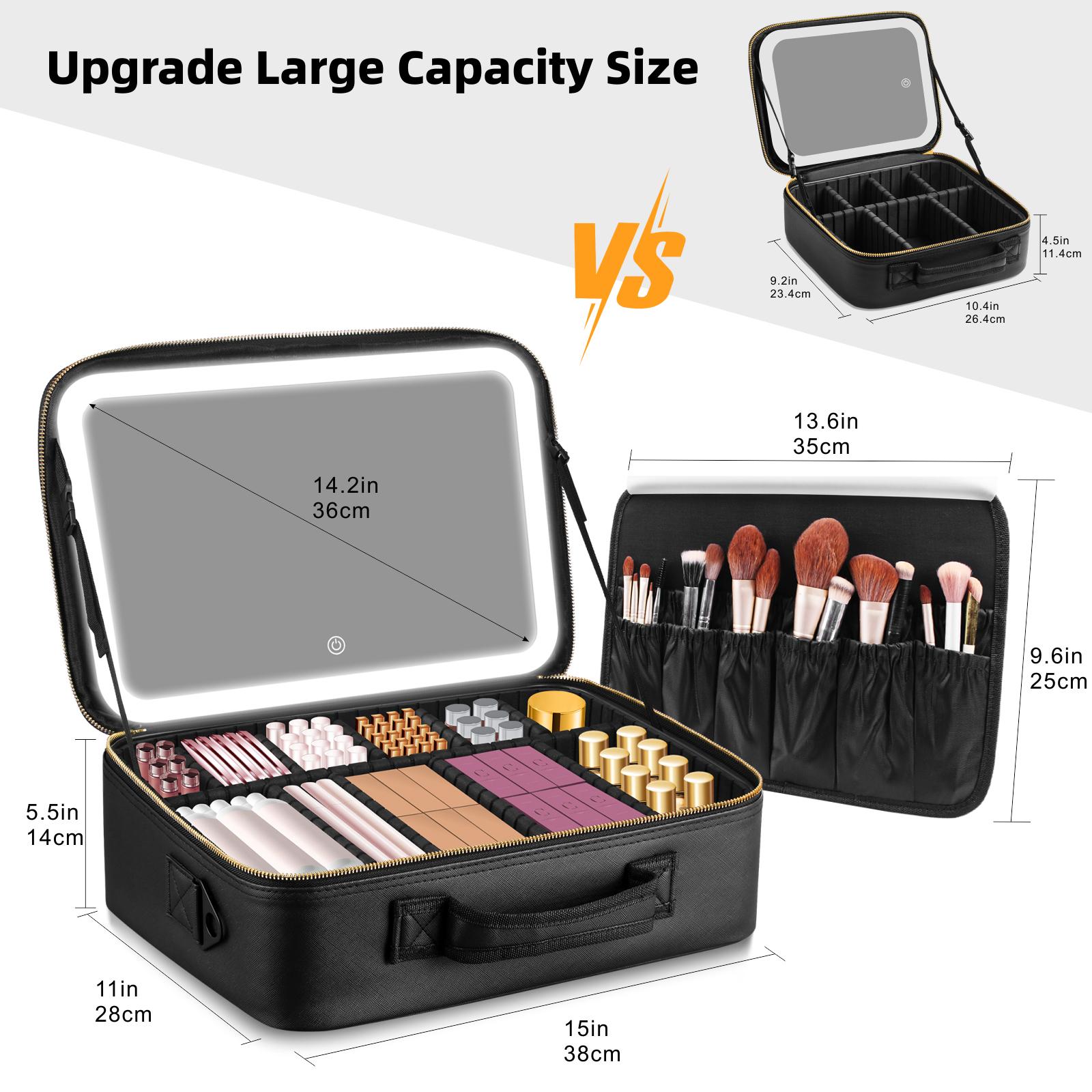 Viral Plus Size Travel Makeup Bag with Lighted Mirror  Waterproof Cosmetic Train Case with Three-color Light Adjustable Dividers Must-Have Organizer for Makeup Lovers Perfect Gift for Her，Valentine‘s Day&Mother's Day