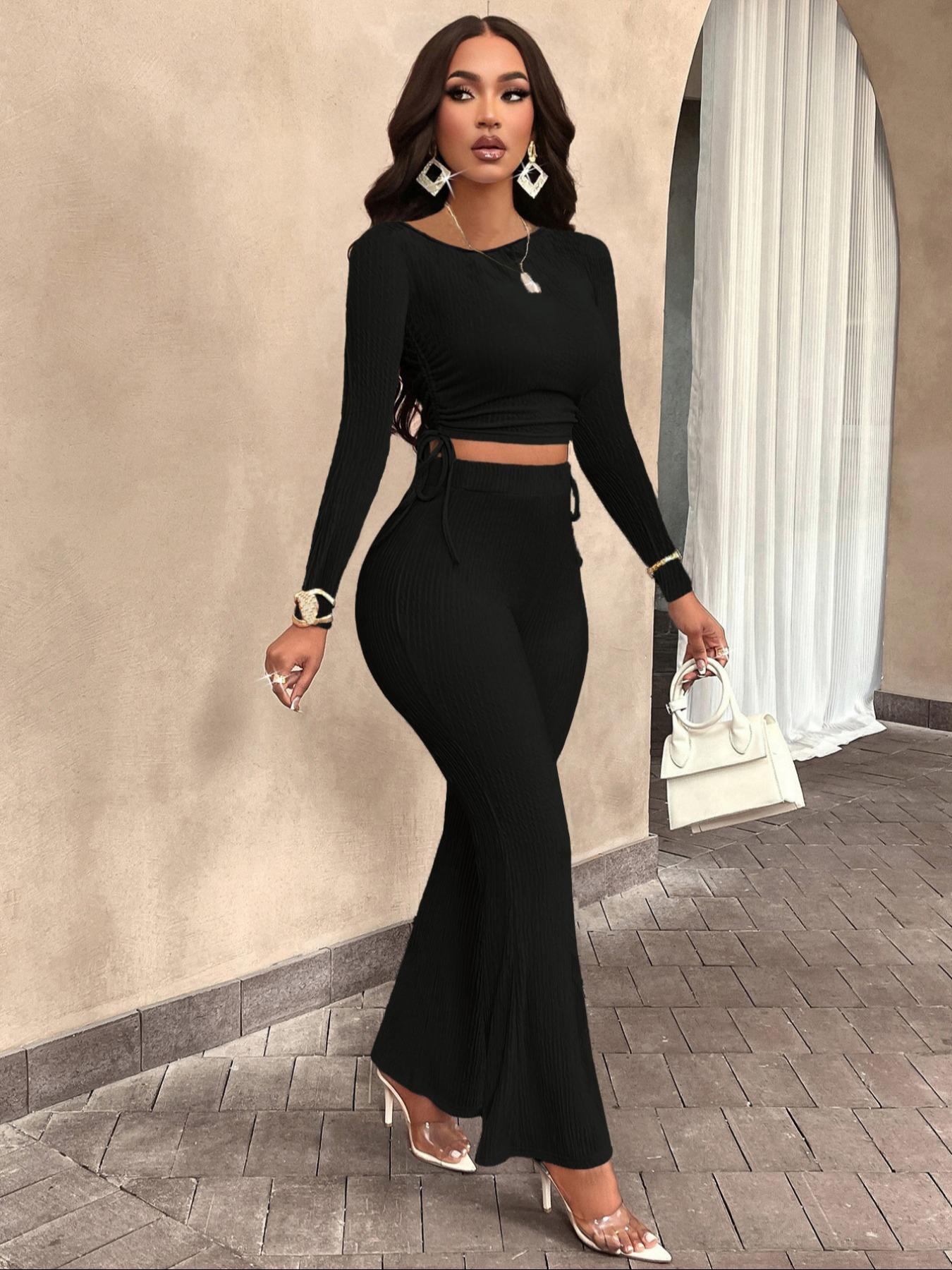 Women's Solid Long Sleeve Crop Top & Flare Leg Pants Two-piece Set, Elegant Fashion Casual Drawstring Top & Bell Bottom Trousers for Daily Outdoor Wear, Women's Clothing for Fall & Winter