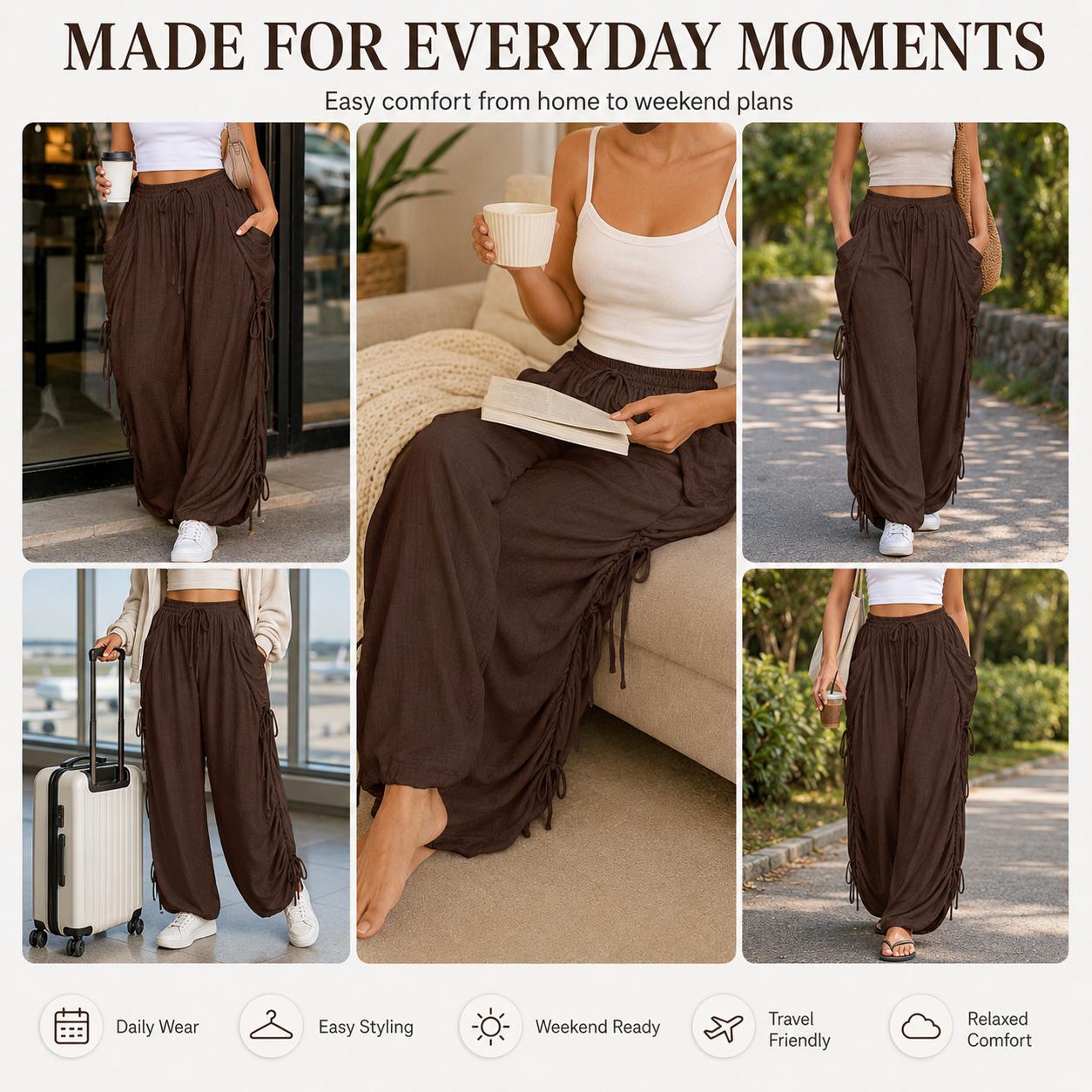 Women's Casual Loose-Fit Wide Leg Pants, All-Season Woven Fabric, Long Plain Design, Daily Commute & Vacation Wear