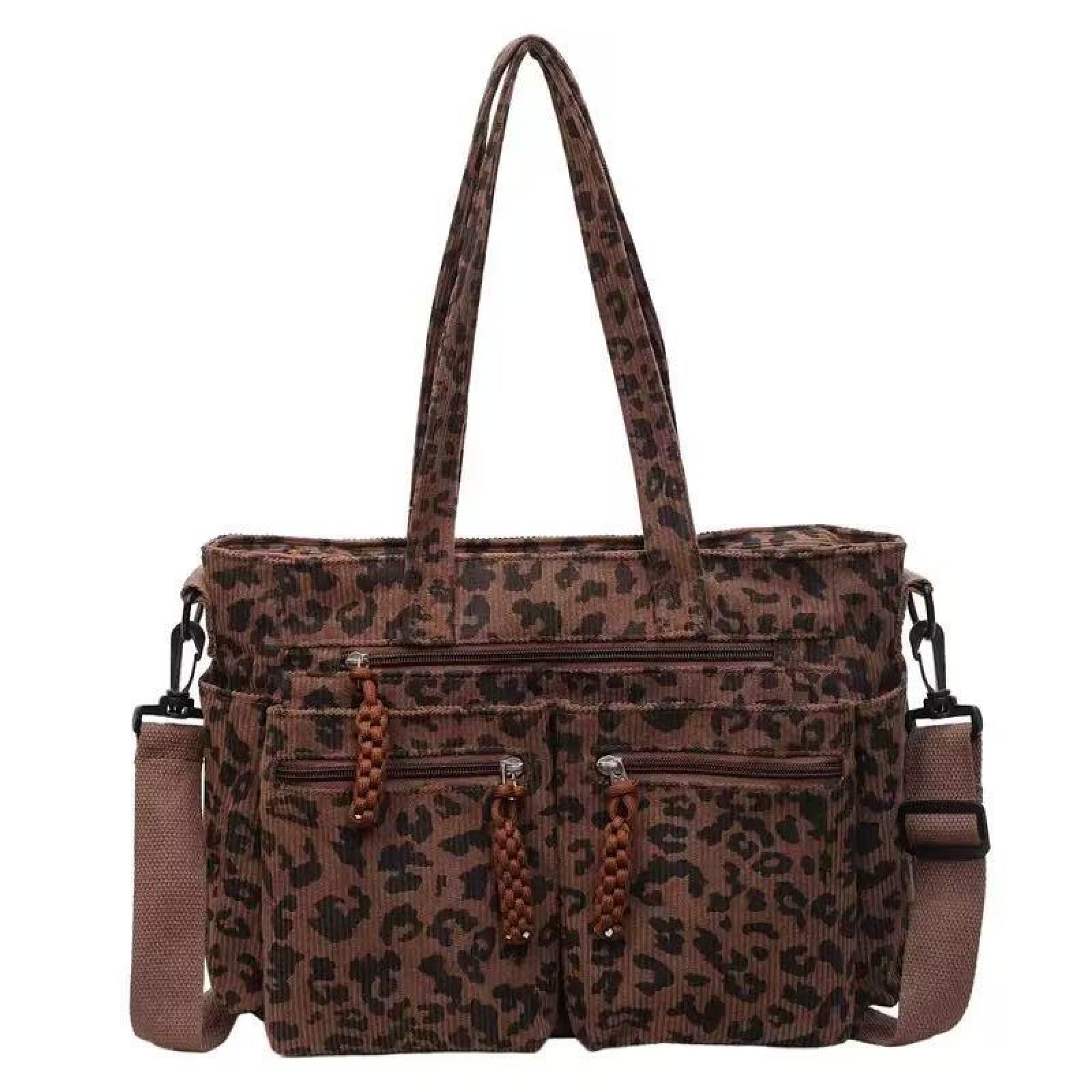 1pc Leopard Print Corduroy Tote Bag for Women, Fashion Large Capacity Multi-Pocket Casual Shopping Bag, Laptop Tote, Detachable Adjustable Shoulder Strap, Suitable for Travel, Business, Campus, Party, Gift