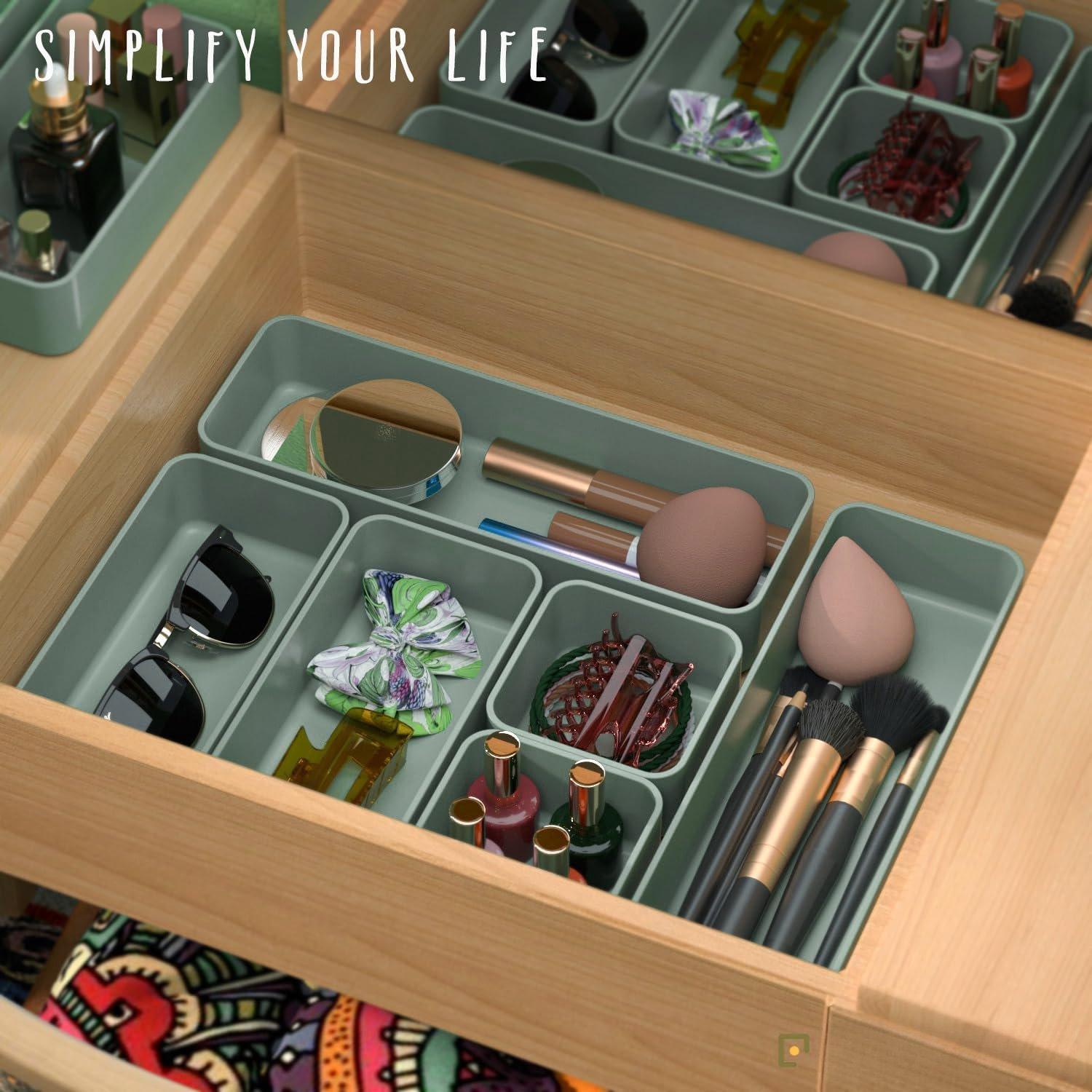 6 count Stackable Drawer Organizers Set, Versatile Desk and  Drawer Organizer Trays, Storage Bins for Makeup, Bathroom, Bedroom, Kitchen and Office, Green