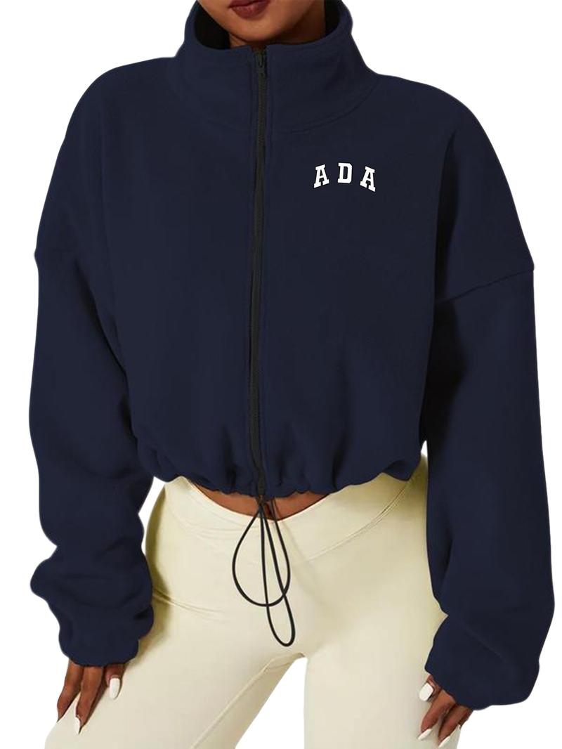 Women's Cropped Zip-Up Jacket - Fleece Casual Top with 'ADA' Print for Daily & Leisure. Adjustable Drawstring Waist Jacket in Navy/Beige/Black Winter Fashion Clothing Women's Cropped Zip-Up Jacket - Fleece Casual Top with 'ADA' Print for Daily & Leisure. Adjustable Drawstring Waist Jacket in Navy/Beige/Black Winter Fashion Clothing