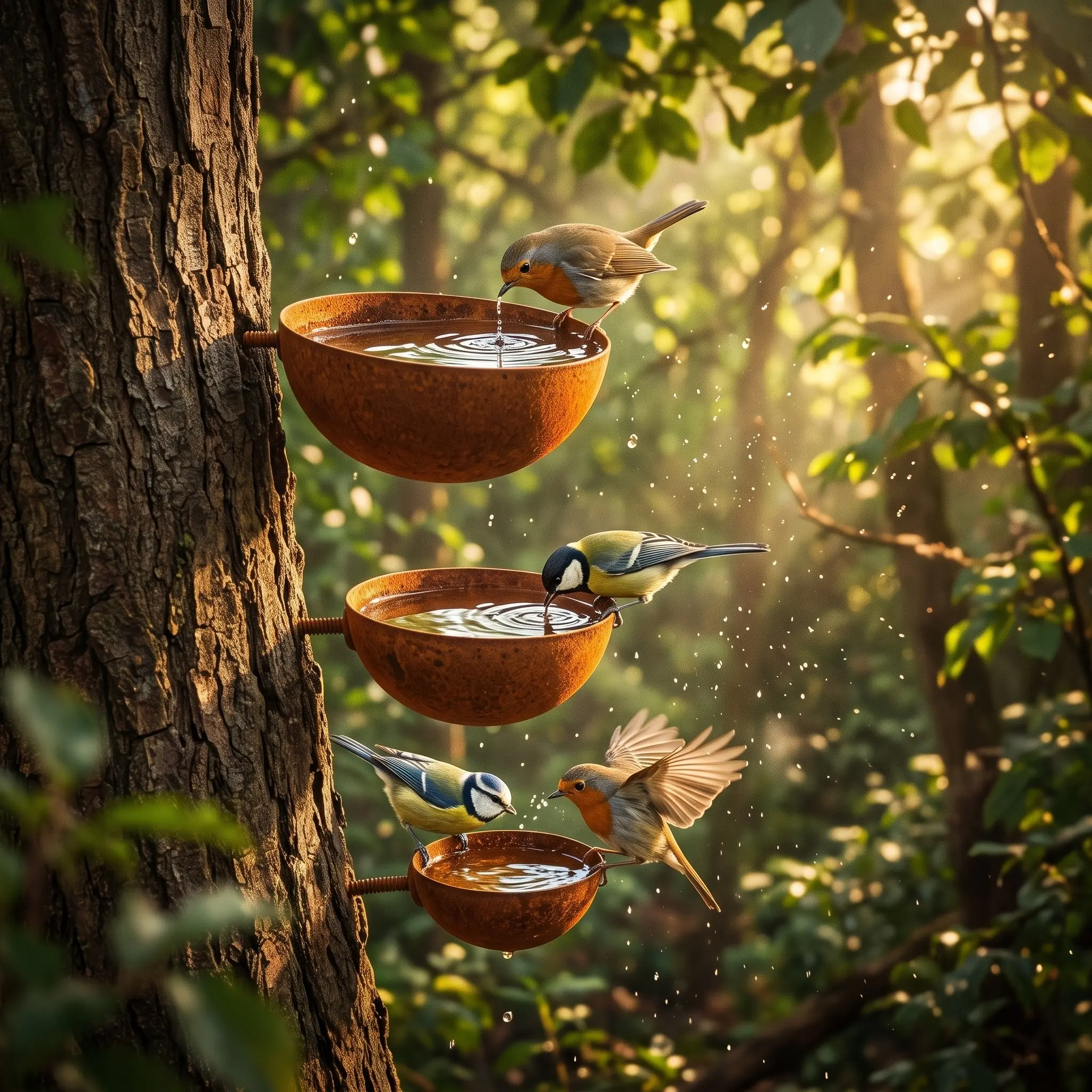 3 outdoor rainwater collectors, bird feeders for outdoors with hanging insect drinking cup, bird bath garden, courtyard decoration garden, and one rainwater collector with creative use.