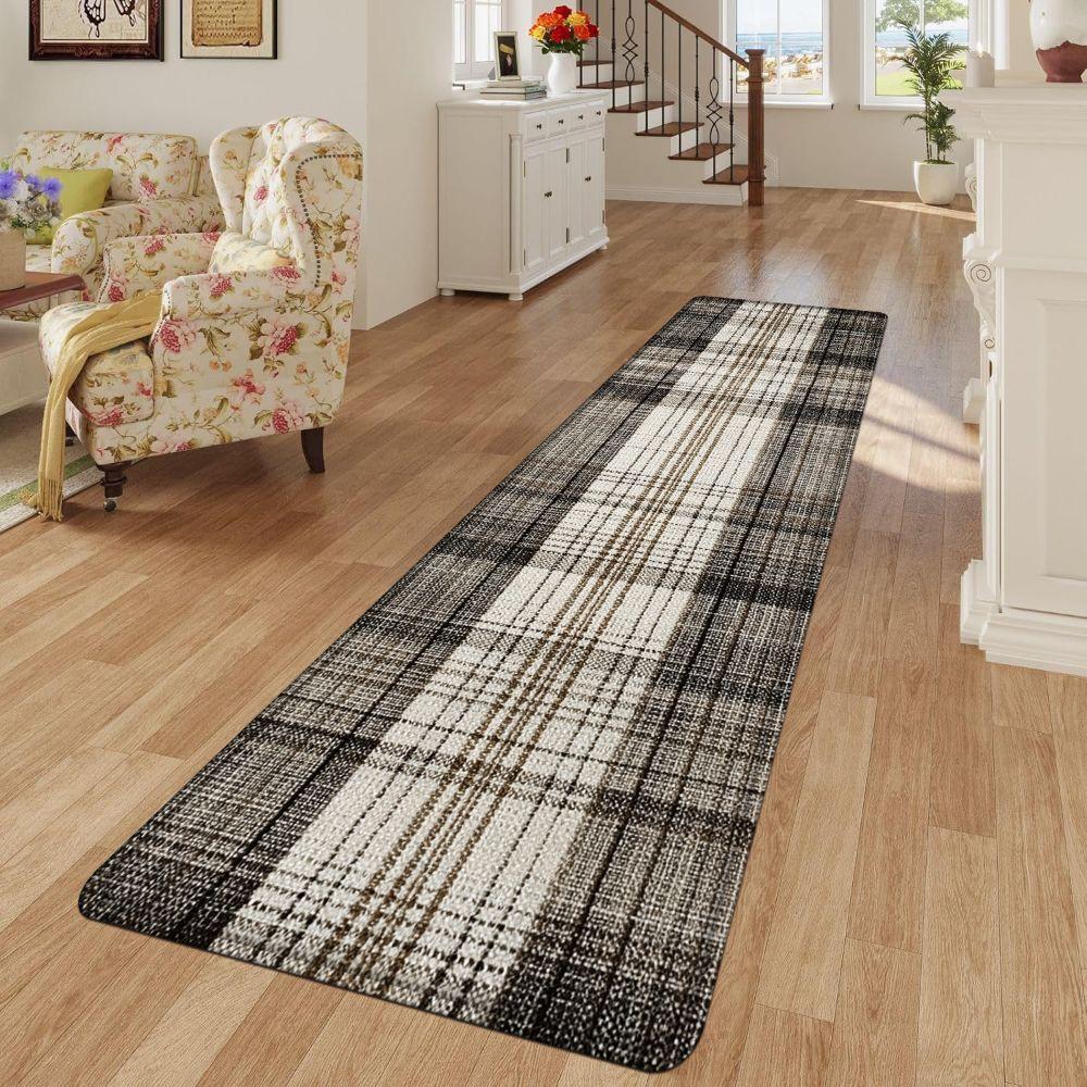 1PC， Spring Brown and White Plaid Fabric Patterned strip rugs, home décor, bathroom mats, entryway mats, bathroom non-slip mats, indoor entrance rugs, bedroom bedside mats, kitchen mats, hallway rugs, flannel sponge rugs, hallway runner rugs