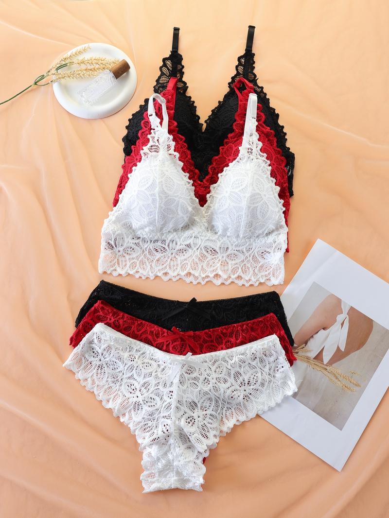 Women's Lace Underwear Set, Romantic Adjustable Strap Wireless Bra & Bow Decor Panty Set, Women's Lingerie Set