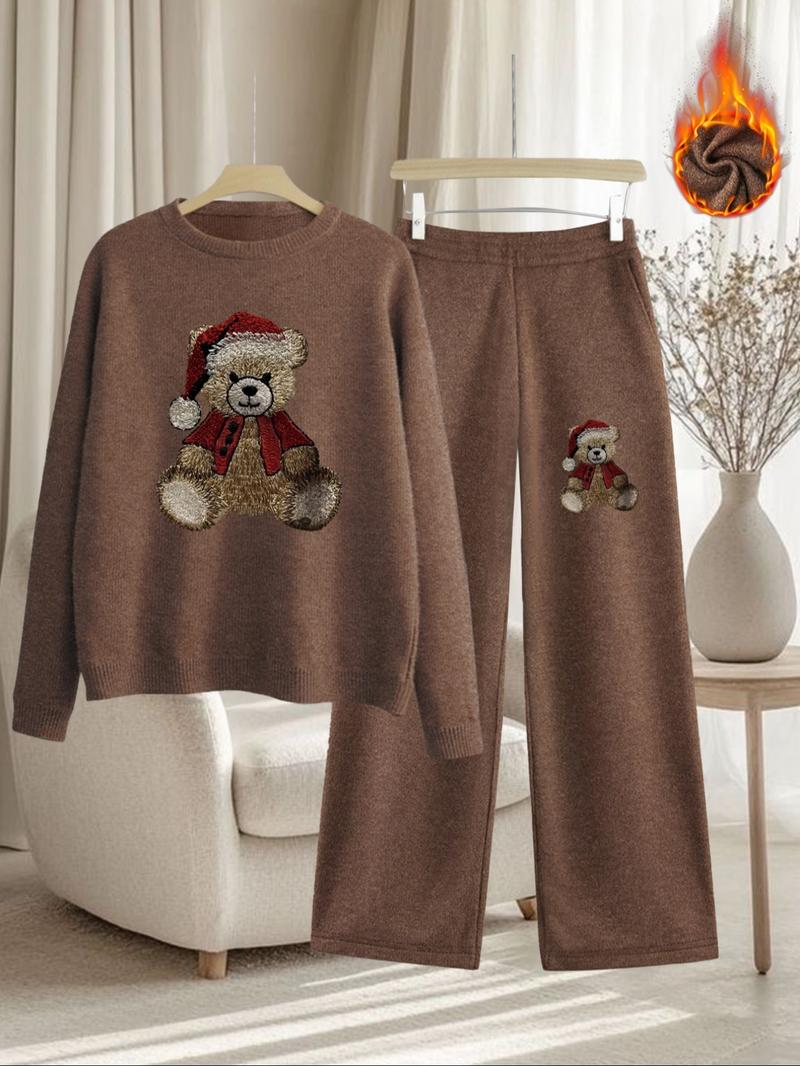 Women's Christmas Bear Print Thick Knit Sweater Set, Loose Fit Round Neck Long Sleeve Top, High Waist Straight Leg Pants Two-Piece Suit