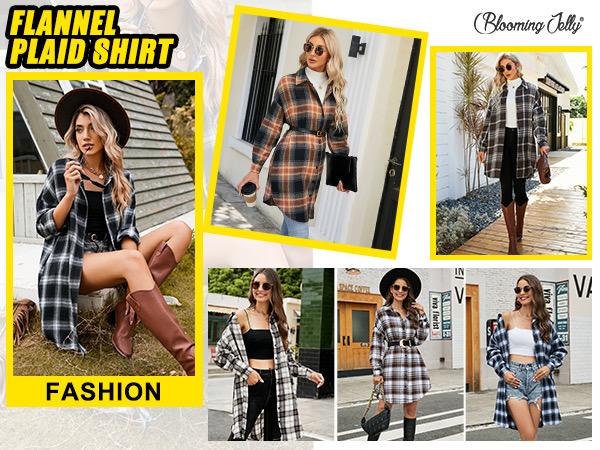Blooming Jelly Women's Button Down Flannel Shirts Plaid Shacket Long Sleeve Collared Long Jacket Coats #Springtok