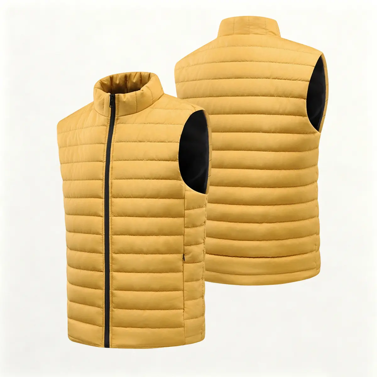 Men's Black Stand Collar Zipper Fitted Plain Polyester Puffer Vest - Menswear Layer Top, Thin Seamless Warm Smooth Wrinkle-Free Packable Lightweight Vertical Channel Quilting Sleeveless with Pockets, Casual Versatile Outerwear for Jeans, Joggers