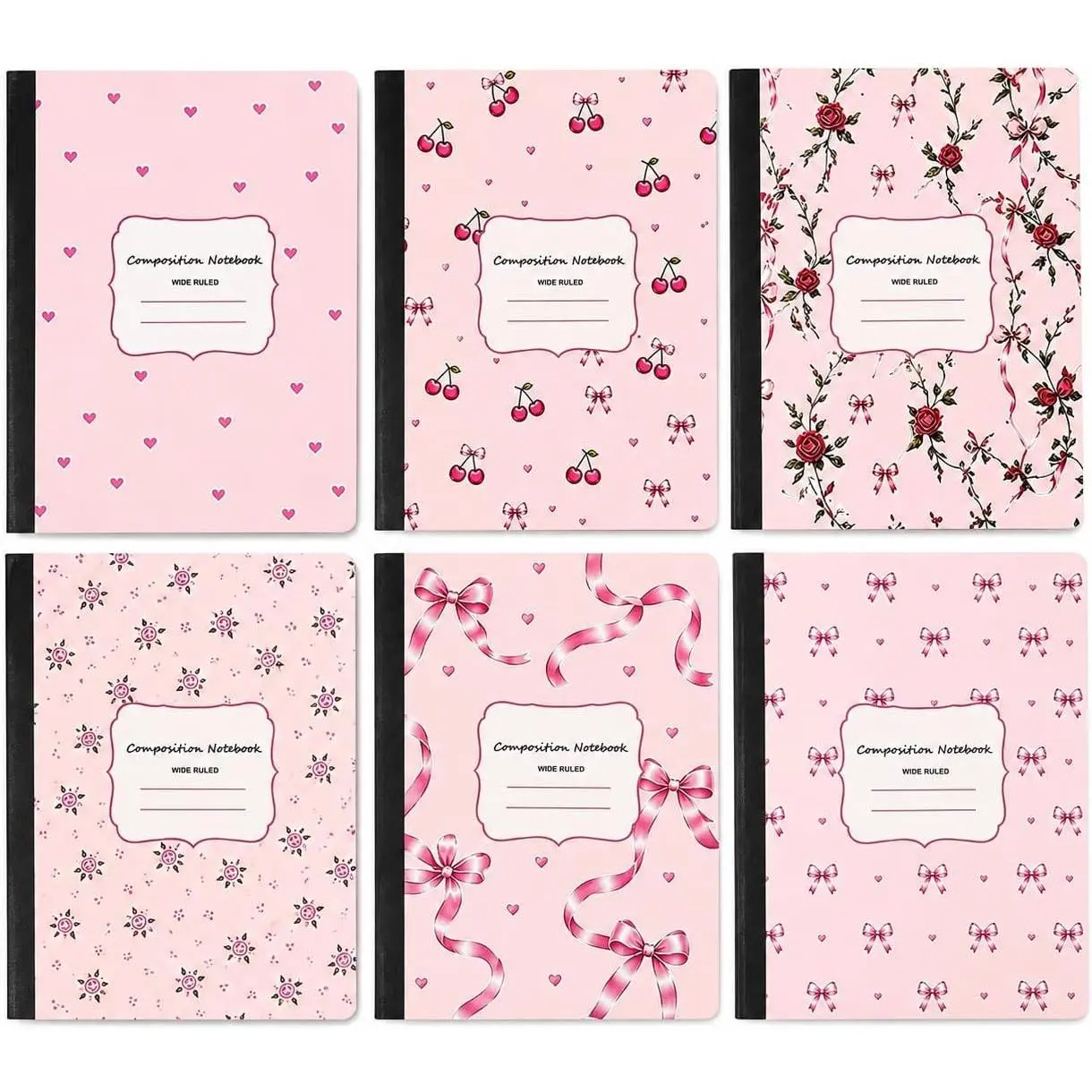 PJT 6 Pack Composition Notebooks, 9.7" x 7.4" Wide Ruled, 50 Sheet | (100 Pages) Each, Pink Composition Notebook with Assorted Cute Cover Designs for School, Office, Journaling and Writing