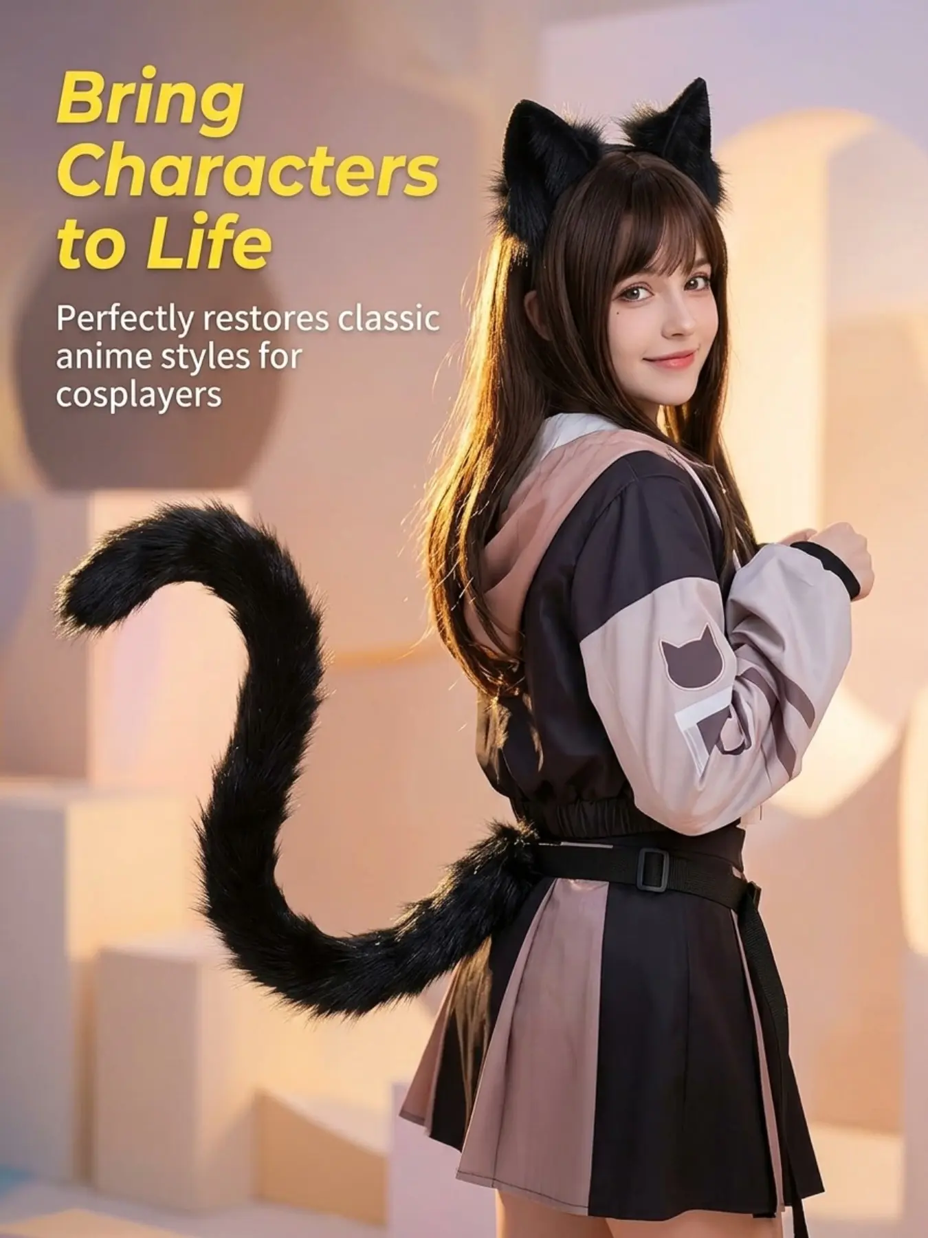 Party Cat Ear Tail Set, Plush Soft Artificial Fur, Adjustable Clip, Cute Animal Style, Perfect for Halloween, Birthday, Theme Parties, Accessory