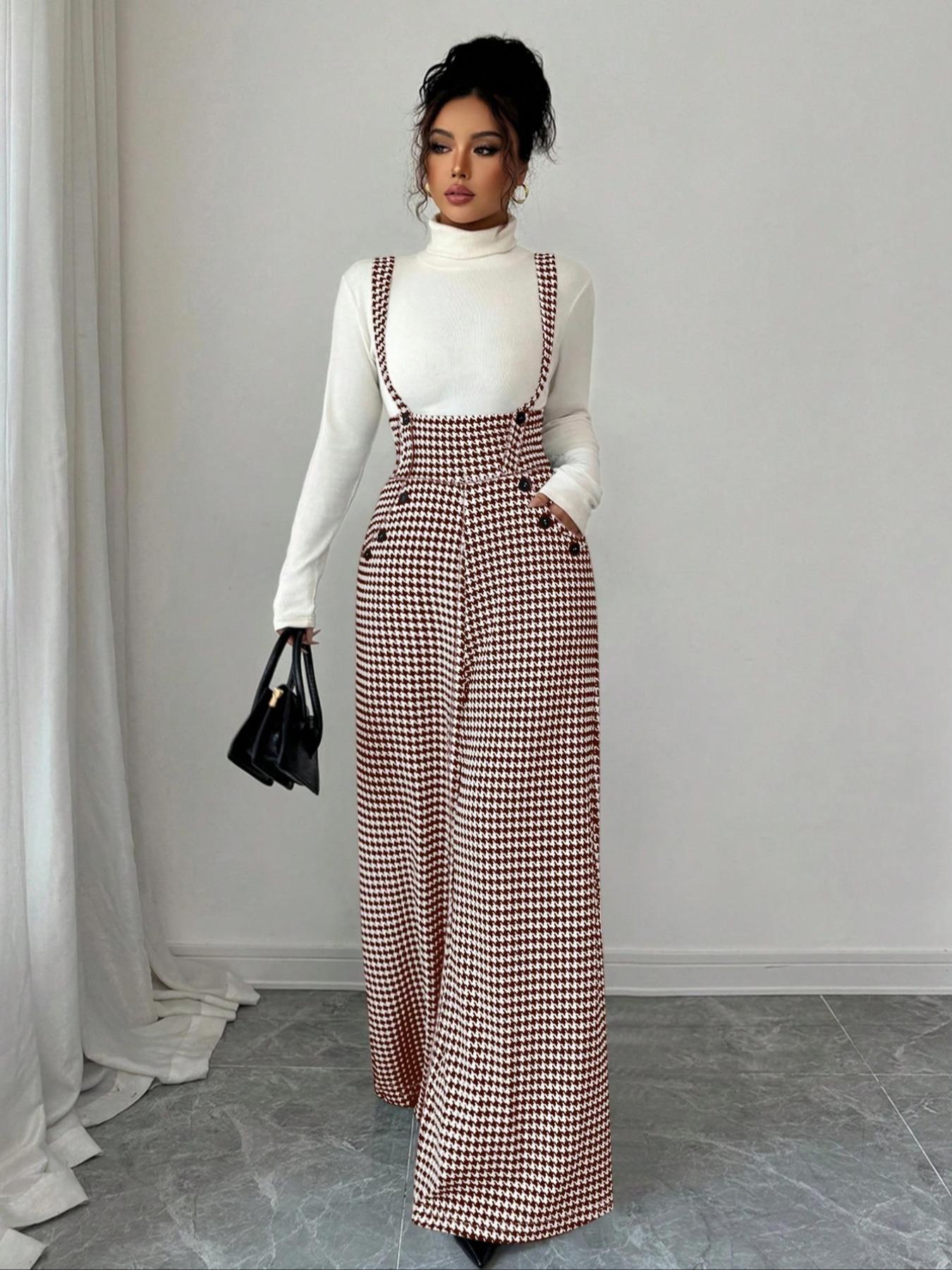 Women's Knitted Plaid Print Houndstooth Wide Leg Pants, Front Pocket Button Design, Fashionable Elegant Daily Commuter Overalls, Fall Winter