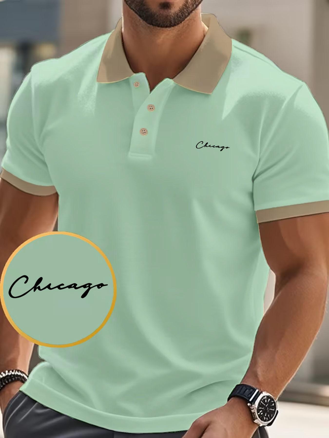 Men's Chicago Handwritten Print Polo Shirt, Slim-Fitting American Style Top, Short Sleeve Casual Wear for Spring & Fall
