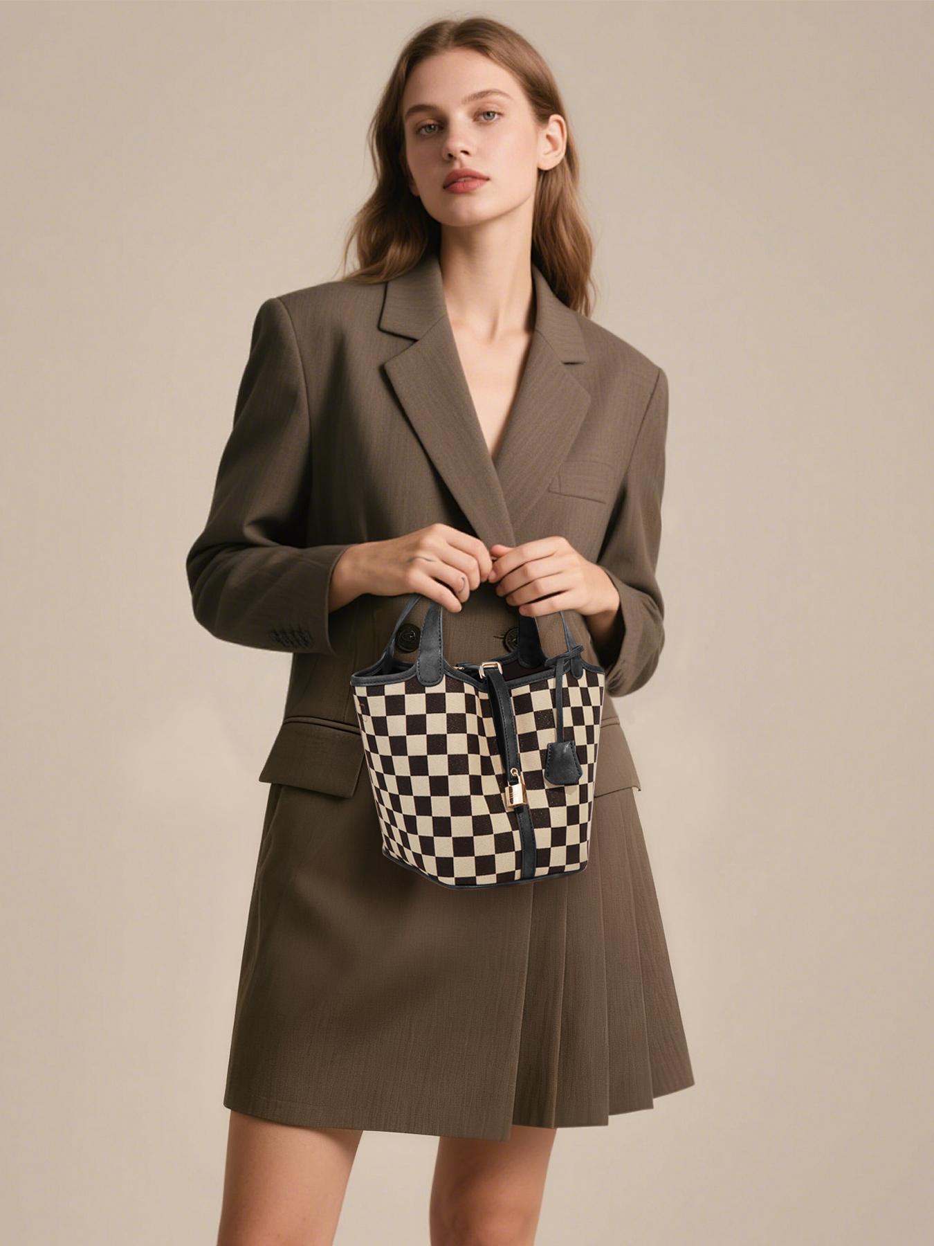 Women's Plaid Checkered Crossbody Bag, Polyester Bucket Bag for Women, Fashionable Bucket Bag, Vegetable Basket Shape Satchel with Top Handle Bags, Multi-Functional, Lightweight Adjustable Purse Handbags, Holidays Gift, Suitable For Work