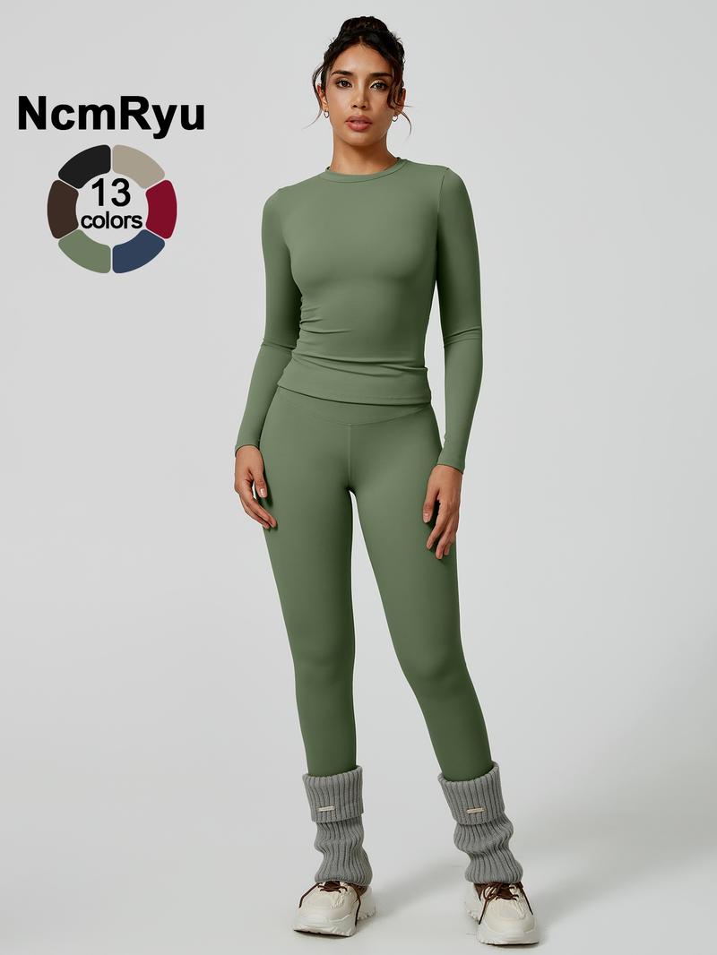 Two-Piece Set Women's Patchwork High Elastic Soft Round Neck Flat Shoulder Long Sleeve Slim Fit Beautiful Hip Tight Pants Yoga Clothes suit Four Seasons Outdoor Running Cycling Hiking Walking Shopping Fashion suit Gym Sporty High Stretch