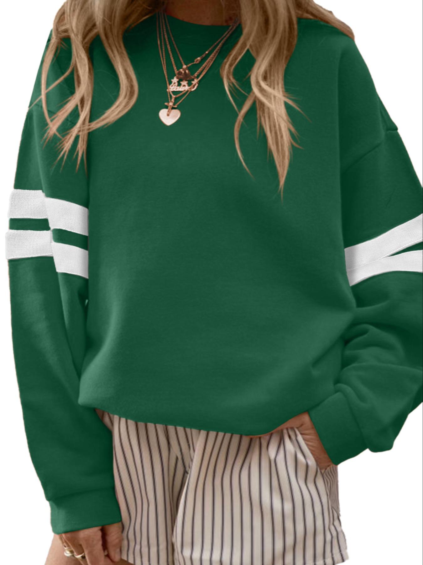 Women's Casual Sporty Loose-Fit Sweatshirt Crewneck for Fall and Winter, Long Sleeve Striped Design, Comfortable Oversized Drop-Shoulder Top, Lady Womenswear