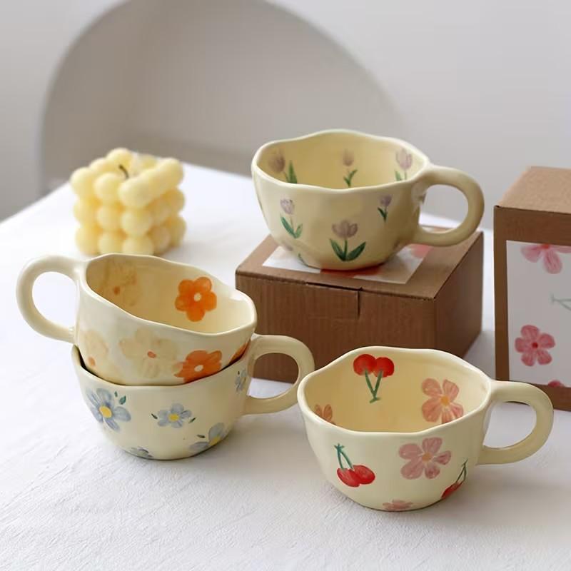 Floral Pattern Ceramic Cup, Irregular Flower Shape Coffee Mug, Milk Tea Cup, Korean Oatmeal Breakfast Cup, Drinkware