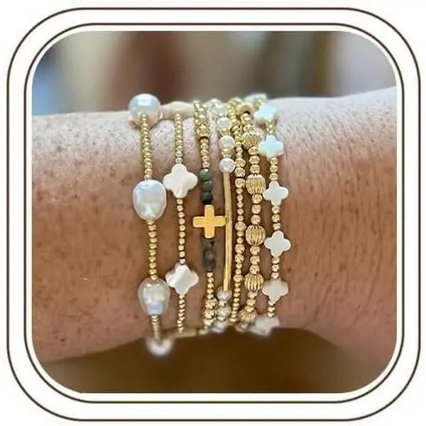Dainty Cross Clover Gold Beaded Pearl Bracelet Stack for Women,Handmade Boho Gold Plated Beads Stretch Stackable Bracelets Fashion Birthday Prom Jewelry Accessories Gift Friendship
