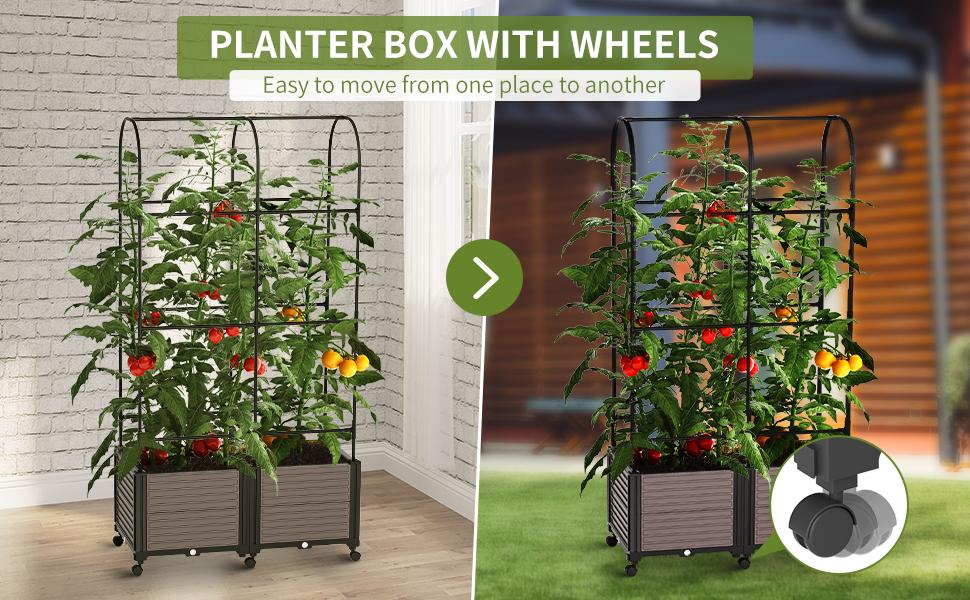 MOPHOTO Raised Garden Bed Planter Box with Trellis for Climbing Vegetables Plants, Tomatoes Planters Outdoor Tomato Cage with Wheels, Indoor Outdoor Use