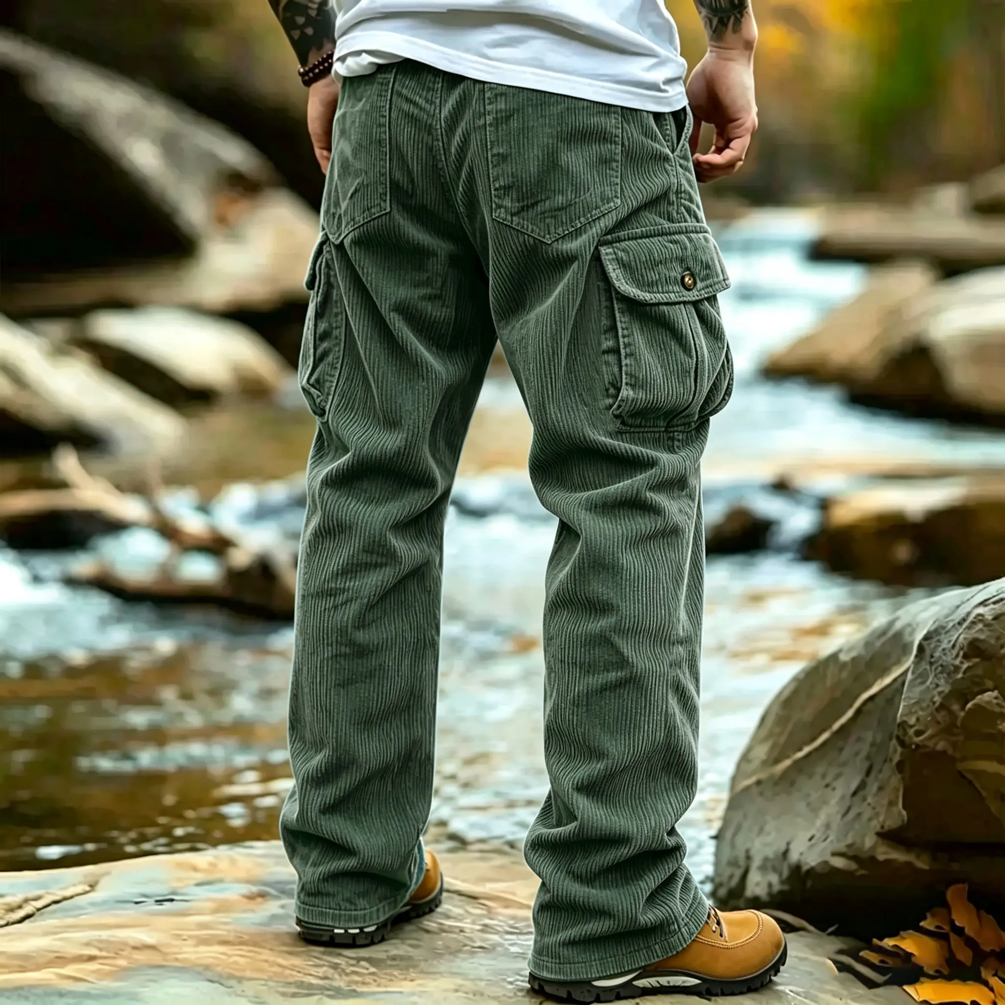 Cross-border European and American corduroy casual pants for men, 2026 autumn collection, vintage loose-fit workwear with multiple pockets, casual loose long pants