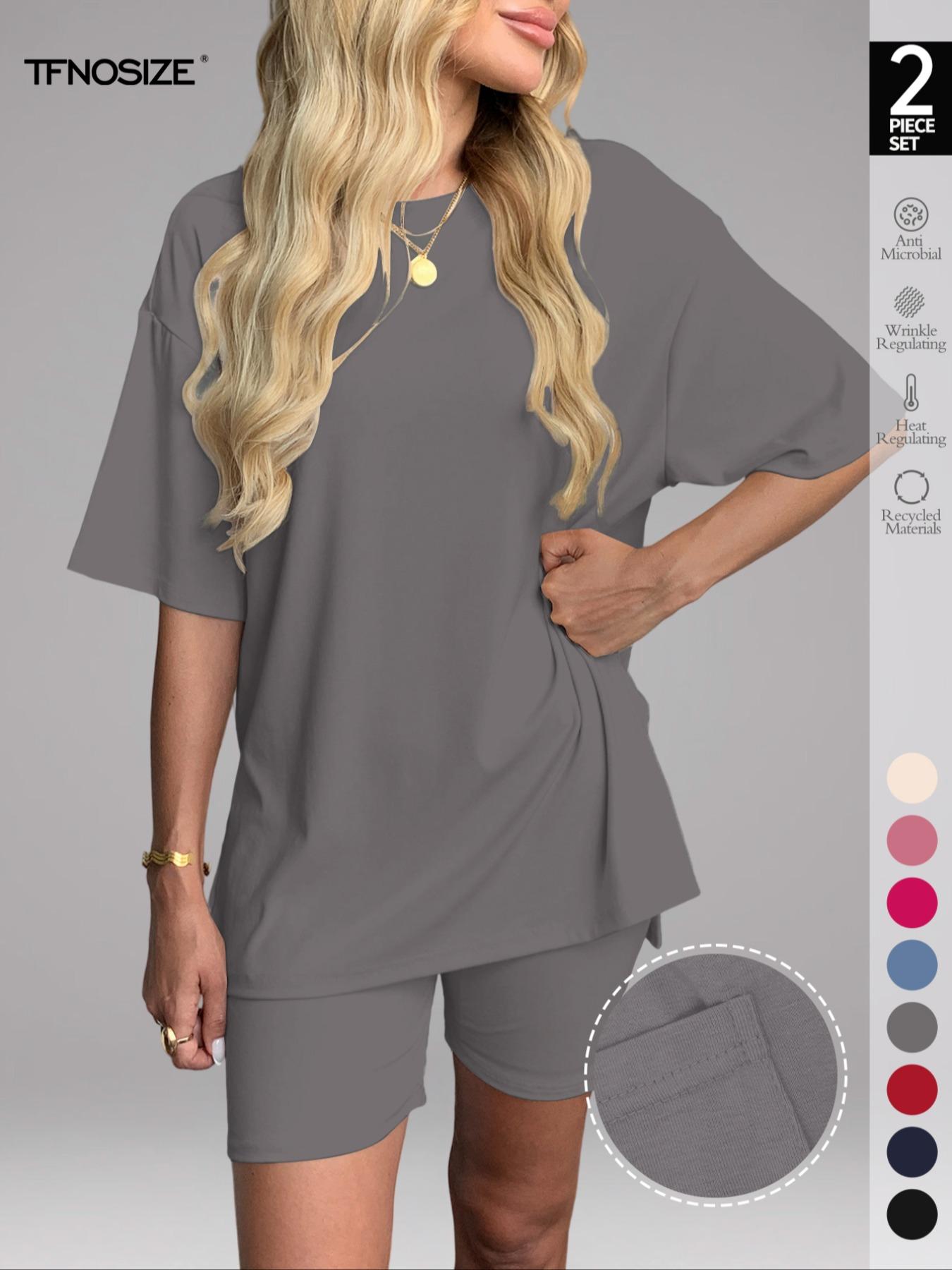 Women's Solid Color Tee & Skinny Shorts Loungewear Set, Fashion Casual Comfy Round Neck T-shirt & Shorts PJ Set, Ladies Sleepwear for Summer, Pajama, Soft Lounge Sets, comfyessentials, giftideas,summersale,pjs,nightwear,sleepwearfashion