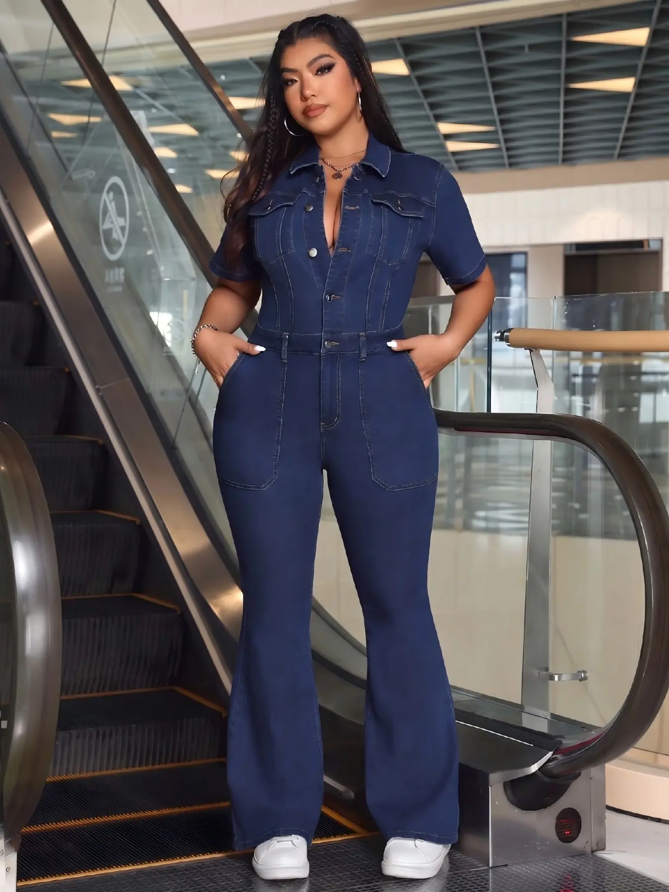 Plus Size Women's American Vintage Denim Dark Wash Short Jumpsuit Overalls, Everyday, Waist Cinch Buckle + Flare Leg, Perfect for Pear Shape, Supermodel Proportions, Casual