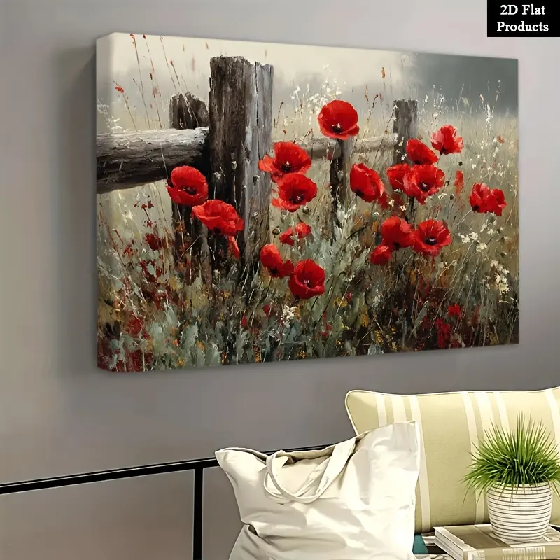Framed Floral Red Poppy Field Canvas Artwork - Waterproof, Ready-to-Hang Rural Fence Wall Decor - For Living Room, Bedroom - Ideal Housewarming, Christmas Gift