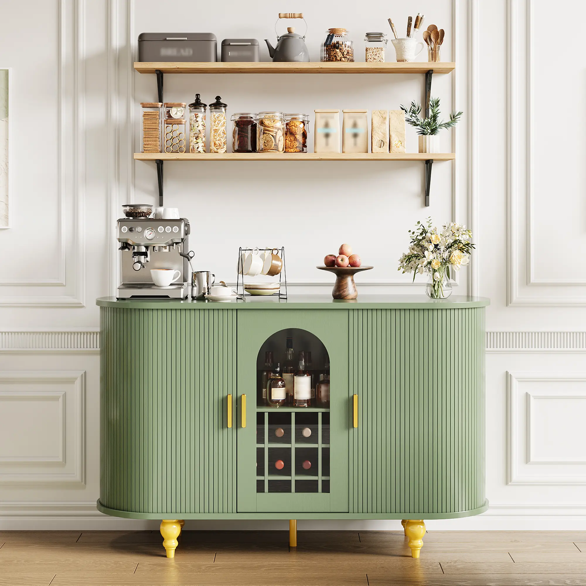 Modern Wine Bar Cabinet - Single Unit Indoor Cupboard with Sliding Door, Glass Holder, Detachable Rack, Legged Base for Kitchen, Dining Room