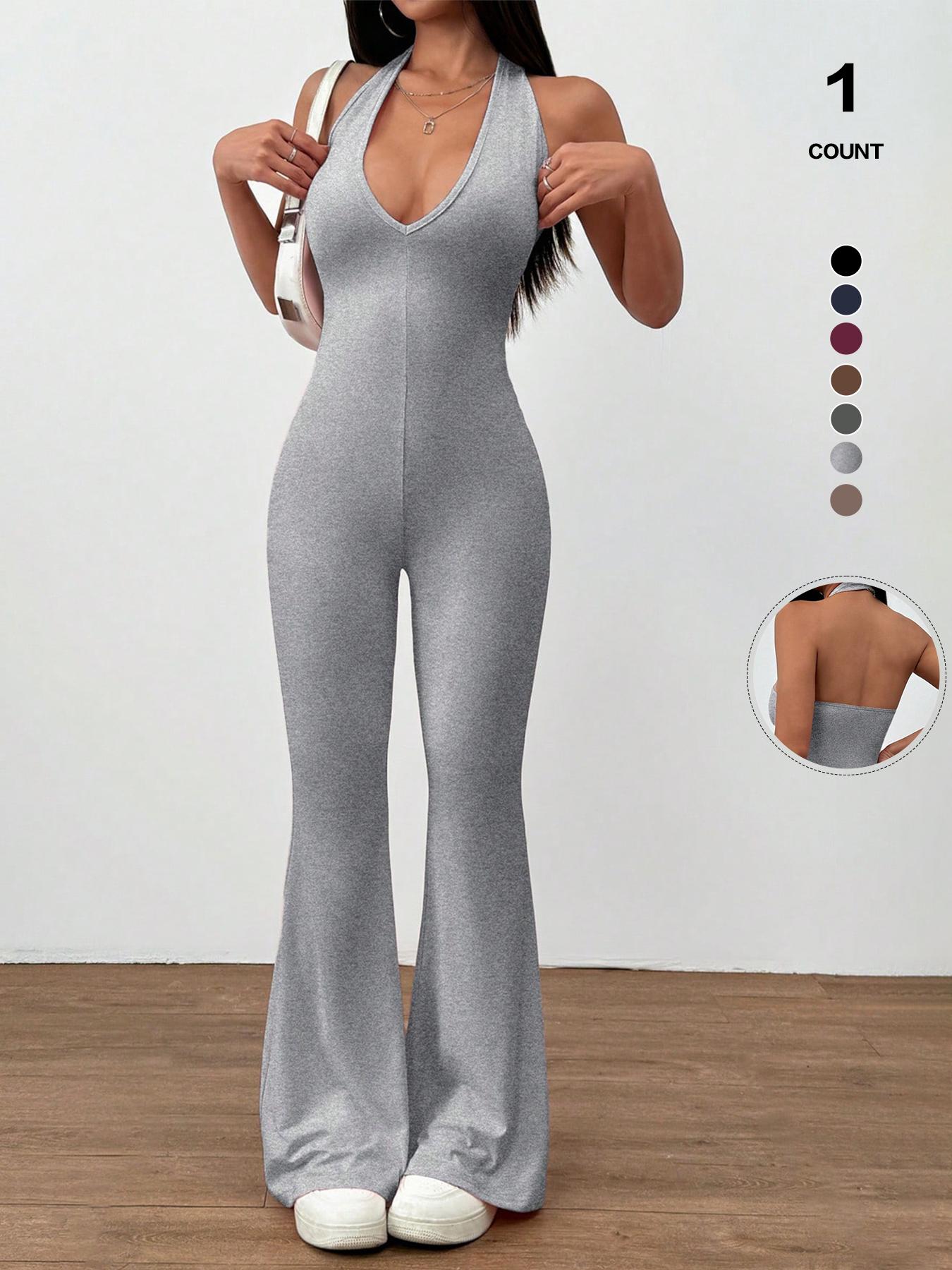 Women's Halter Neck Jumpsuit, Sleeveless Deep V Backless Chic Design, Flare Leg Romper for Casual Wear