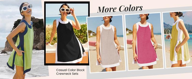 SCUSTY Women's Casual Two Piece Sets Color Block Crewneck Sleeveless Pullover Tops Matching Shorts With Pockets