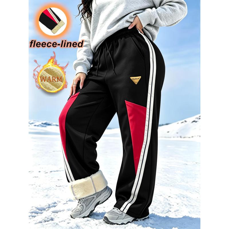 Women's Color-Block Fleece-Lined Joggers, Cozy Premium Streetwear, Drawstring Waist with Side Stripes & Gold Patch Label, Warm Winter Style for Snowy Streets