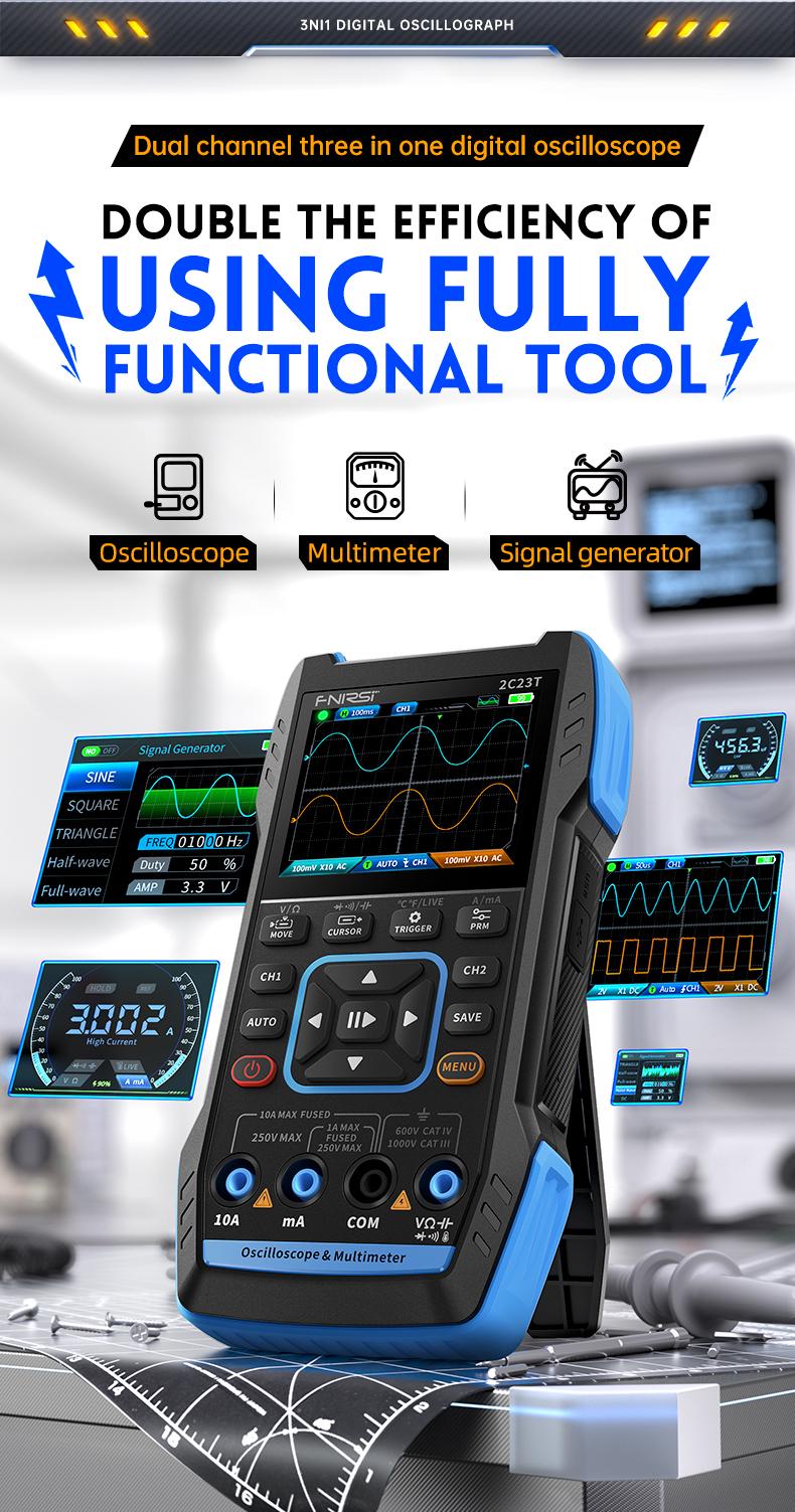FNIRSI 2C23T 3 in 1 Handheld Oscilloscope Multimeter DDS Generator  2 Channels  10MHz Bandwidth  50MSa/s Sampling Rate  10000 Counts  Voltage  Current  Capacitor  Resistor  Diode Test