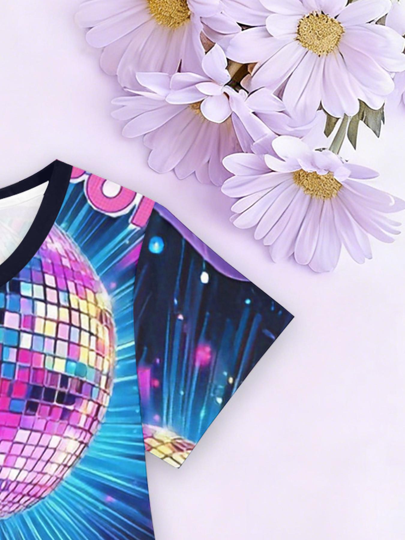 Girls' 3D Short Sleeve Dress, Disco Stage Q Idol Full Print Summer Dress, Perfect for Parties, Festivals, Gifts, Birthday Presents