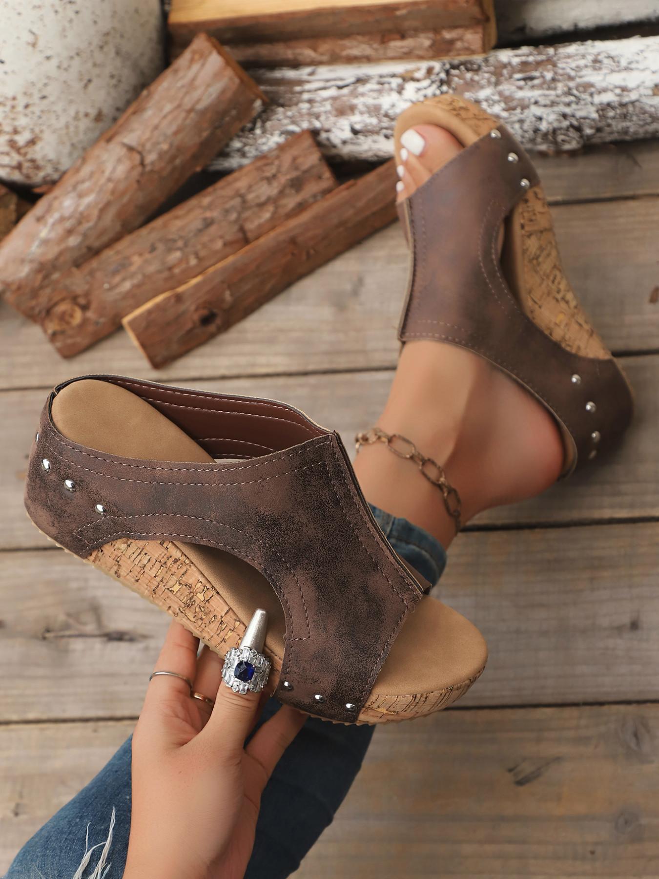 Women's Fashion Solid Color Wedge Sandals, Casual Comfort Open Toe Shoes for Summer, Versatile Round Toe Flats for Daily Wear, PU Leather Sandals