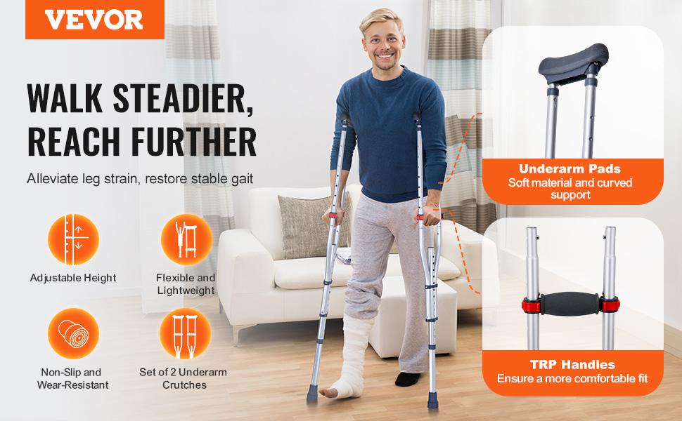 VEVOR Underarm Crutches, 13-Level Height Adjustable Underarm Walking Crutches, Lightweight Aluminum Crutches for Adults Teenager - with Soft Underarm Pad for Leg Injury Surgery Disabled, 1 Pair 300LBS