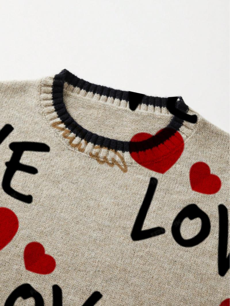 Heart and Letter Print Round Neck Sweater, Casual Short Sleeve Knitwear for Spring, Summer and Fall, Comfortable Warm Women's Clothing