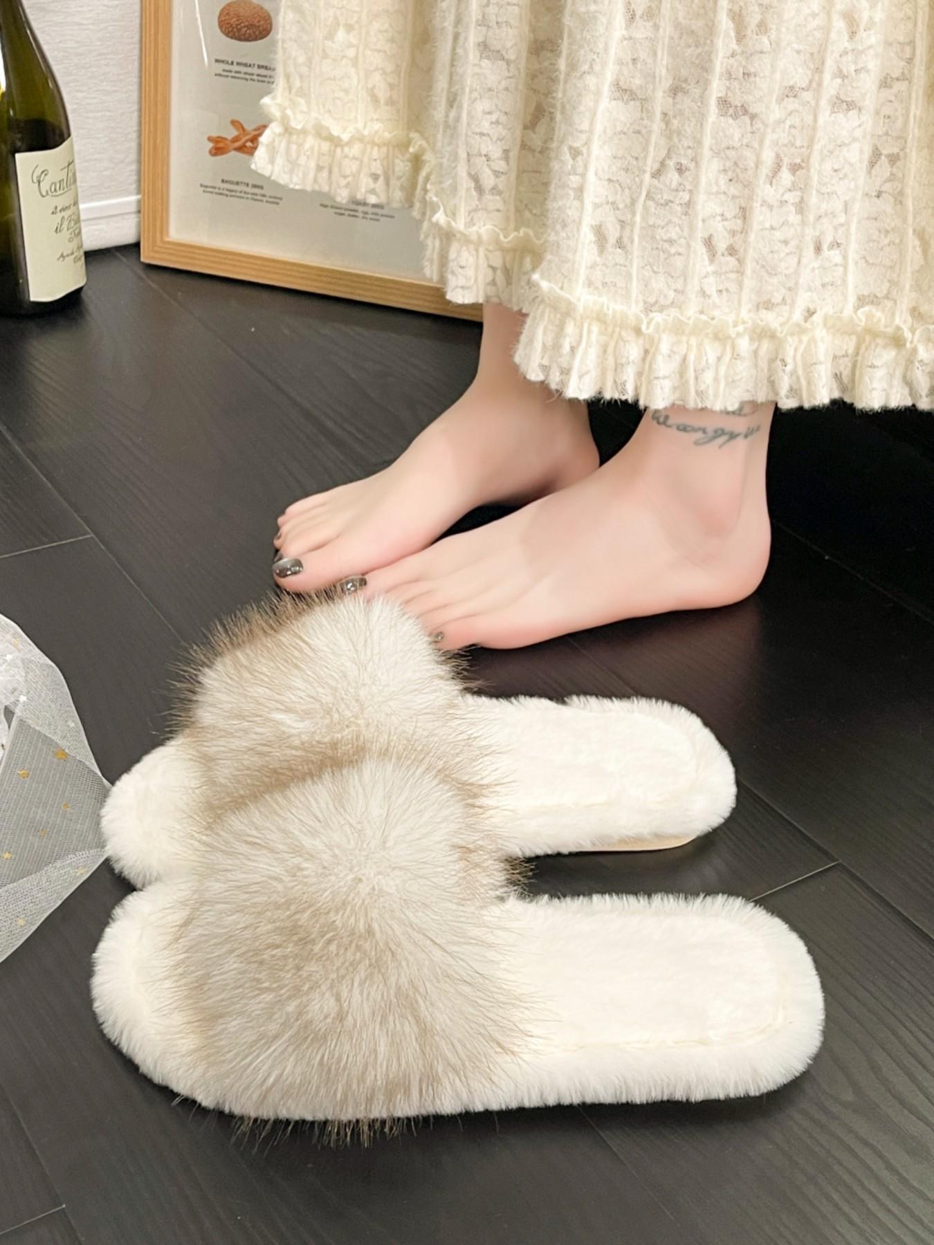 Pure Color Plush Slippers, Comfortable Soft Shoes for Women and Girls, Fashion Trendy Design, Open-Toe Wedding Shoes