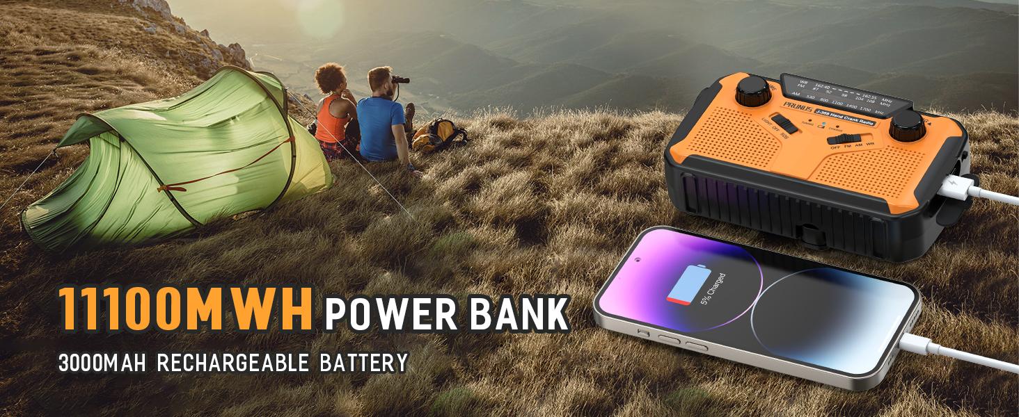 PRUNUS J-369 11100mWh Emergency Weather Radio, AA Batteries/Hand Crank/Solar/USB Charging, NOAA/AM/FM, LED Flashlight and Reading Lamp,SOS Alarm & Flashlight Portable