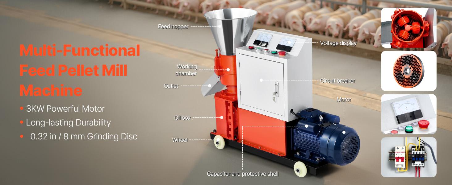 VEVOR Feed Pellet Mill Machine, 8 mm Animal Feed Pellet Making Machine, 3KW 240V Animal Food Granulator Mill Machines with 3 Pressure Rollers 4 Wheels, Ideal for Poultry, Livestock, Farm Animals