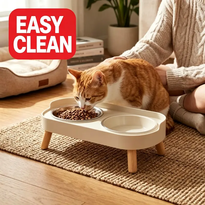 Double Bowl Anti-Tip Pet Feeding Bowls Tray, Stainless Steel Dog & Cat Water Food Dish Set, Protects Neck Health, Durable Design, Animal Feeding Supply