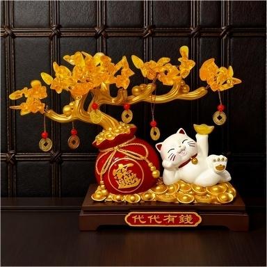 Lucky Cat Gold Branch Ornament, Home Decor for Living Room, Entryway, Study, Shop Front Desk, Moving In, Business Gift, Festival Present