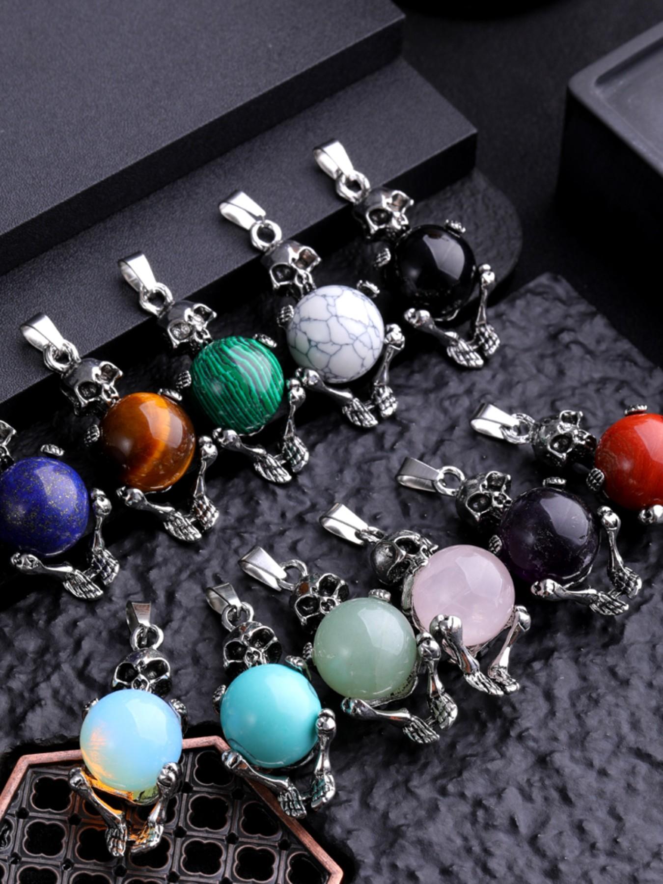 Natural Amethyst Round Bead Pendant Necklace, Bold Skull Design, Unique Fashion Accessory, Trendy European Style Jewelry