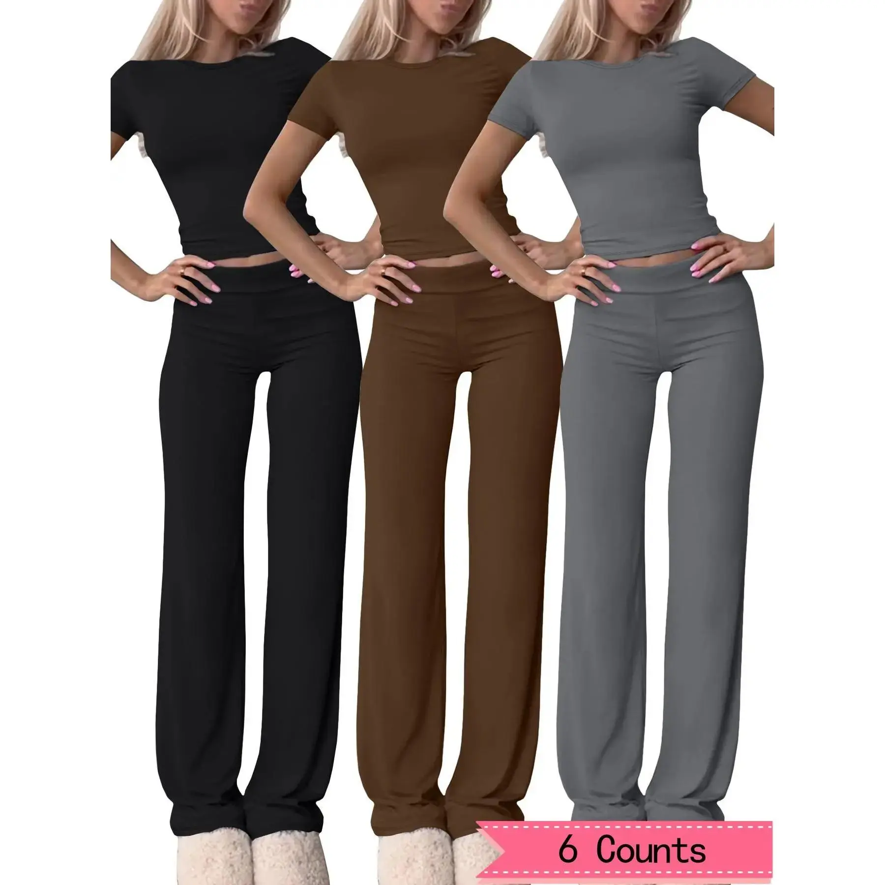 Women's Solid Color Round Neck Tee & Flare Leg Pants Set, Casual Short Sleeve T-shirt & Bell Bottom Trousers for Daily Wear, 2 Piece Sets Women, Ladies Summer Clothes,Airport Outfit