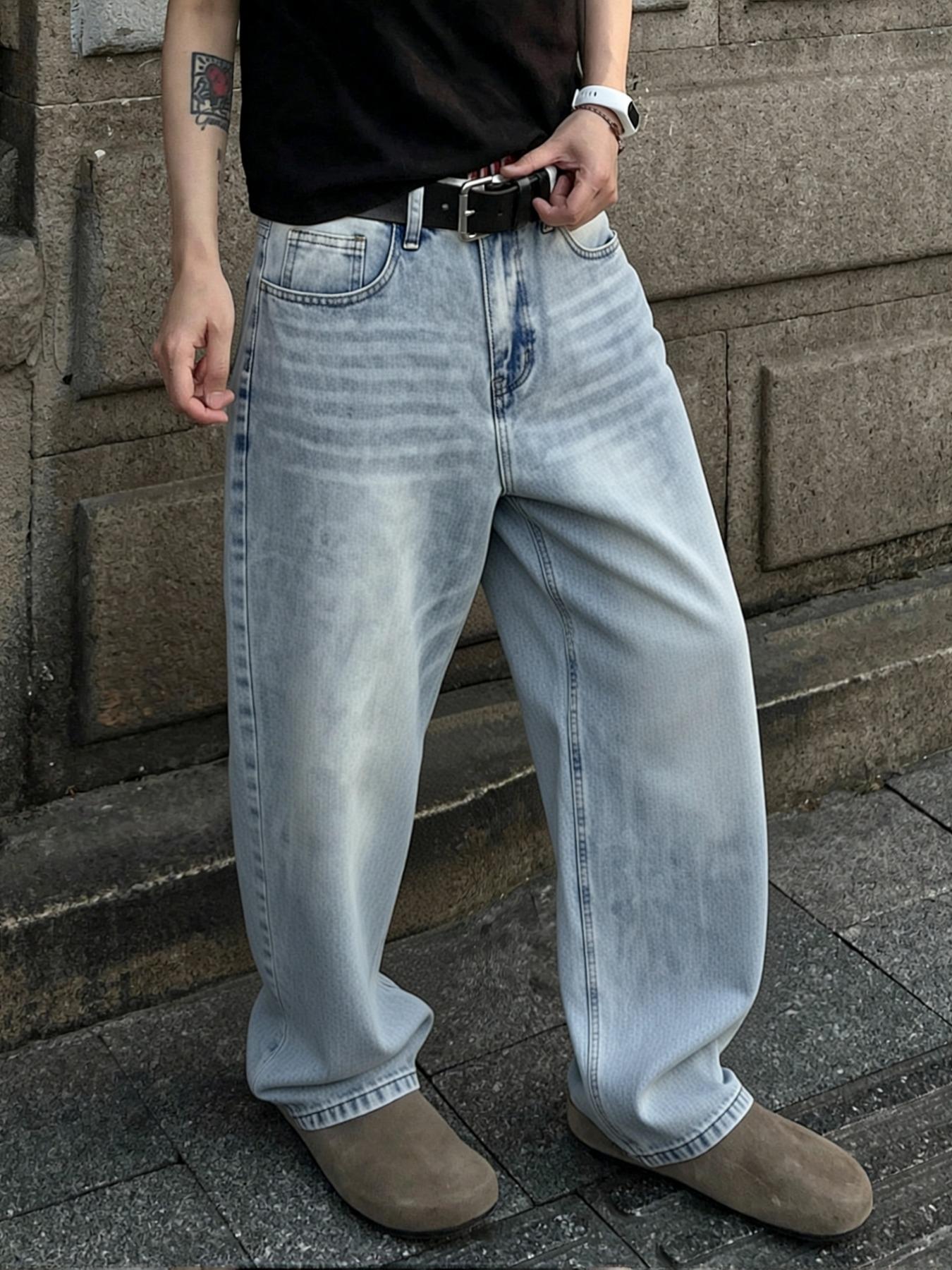 Men's Y2K Hip-Hop Style Light Wash Vintage Jeans | Loose Straight-Cut Street-Style Jeans for Retro Urban High Street Casual Daily Wear