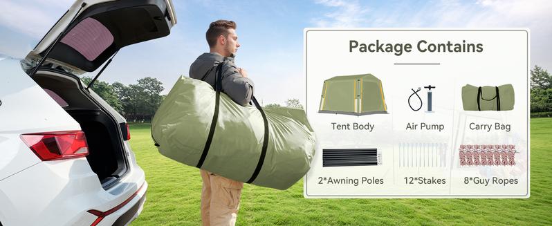 Lilypelle Inflatable Camping Tent with Pump, Glamping Tents for 6-8 People, Easy Setup 4 Season Waterproof Windproof Outdoor Blow Up Tent, Luxury Cabin Tent with Mesh Windows & Doors