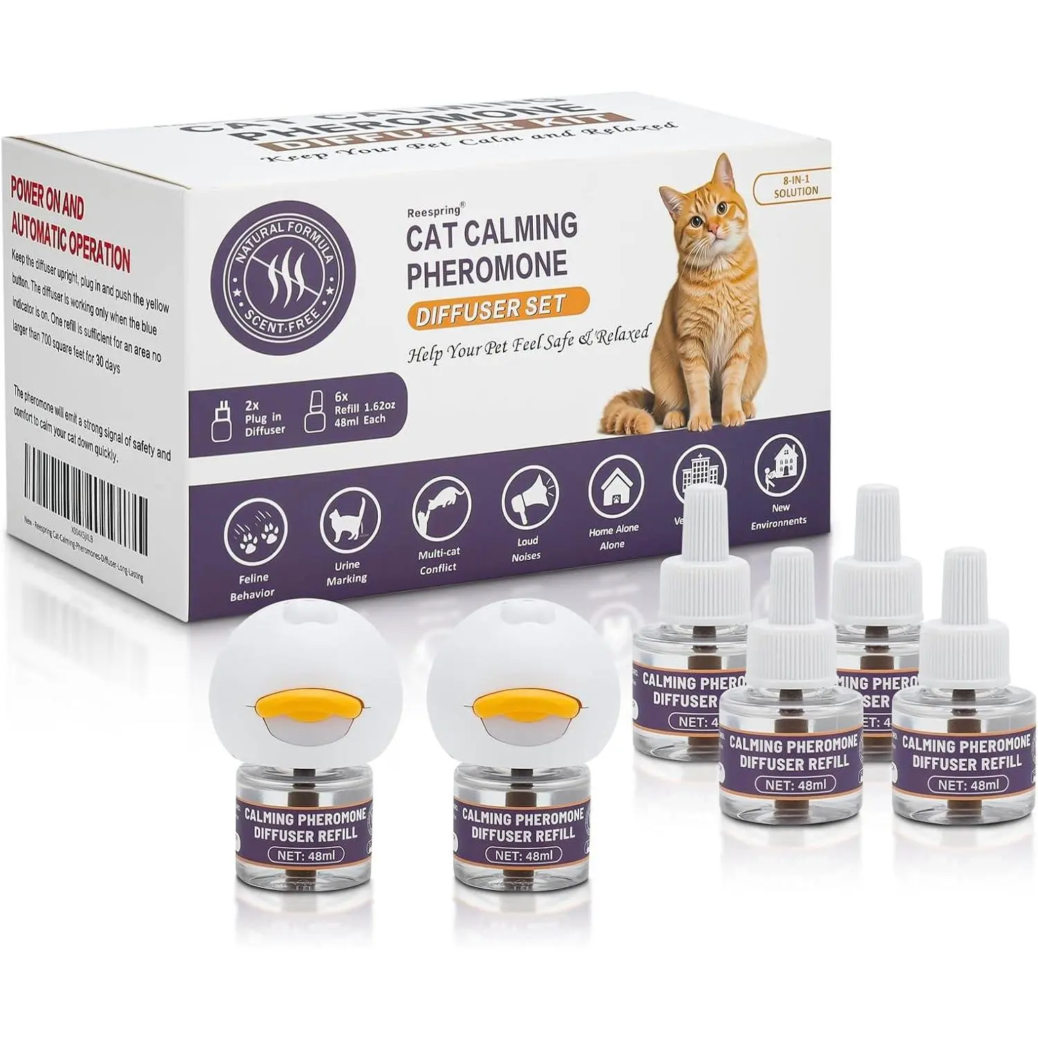 Premium Cat Calming Pheromone Diffuser Kit with 6 Refills for Stress Relief and Anxiety - Upgraded 2-Pack