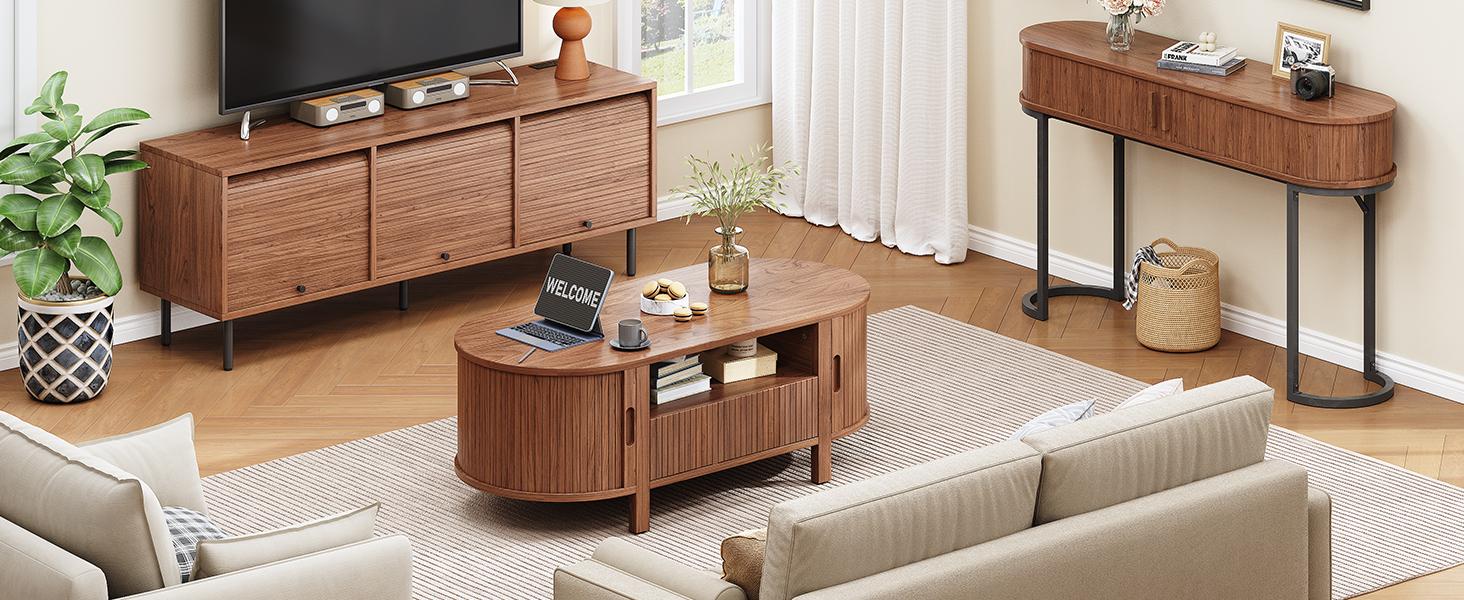 【SPOTLIGHT DAY】ONBRILL 47.2 Inch Oval Coffee Table with Storage, Mid Century Modern Coffee Table with Drawer, Center Table with Sliding Door and Wood Fluted Handle for Living Room