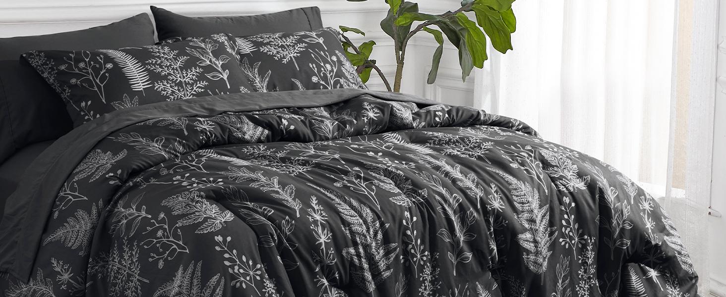 PHF 7/3 counts/set Comforter Set, Reversible Botanical Bedding Set Includes Comforter, Pillow Shams, Flat Sheet, Fitted Sheet, and Pillowcases, Gifts