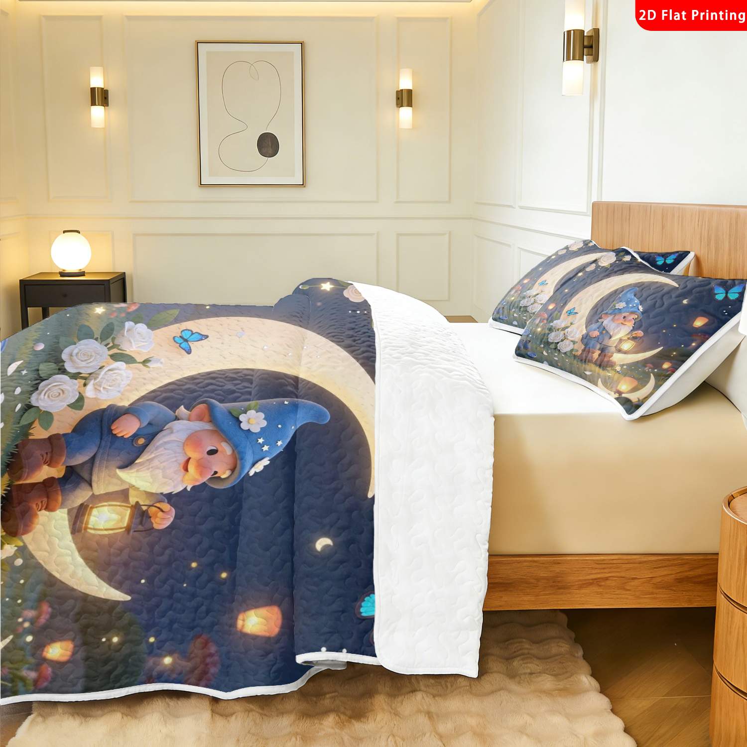 3 pcs, 2D flat print Cute Gnome Moonlight bed cover set, Enchanted Night Garden theme, multiple sizes available, bedding set, festive decorative bedding, ideal for bedroom decor(1 bedspread , 2 pillowcases)