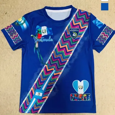 Guatemala Traditional Blue T-shirt, Active Shirts, Colorful Zigzag Pattern, Flag Elements, Parrot Design, Text Identifier, Unisex Crew Neck Sportswear, Casual Sportswear, Activewear Tops, All Seasons